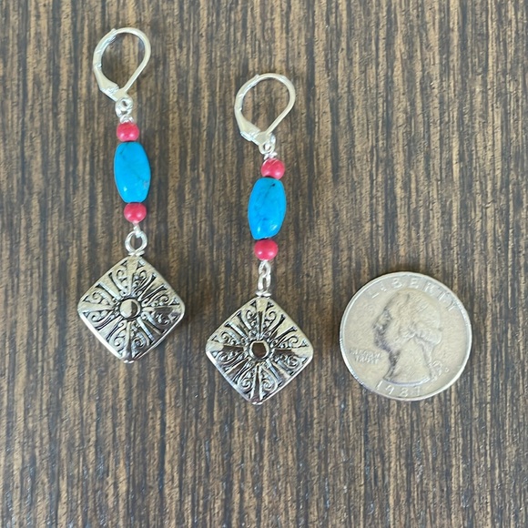 HAND CRAFTED EARRINGS with Turquoise, Red and Silver - Picture 4 of 12